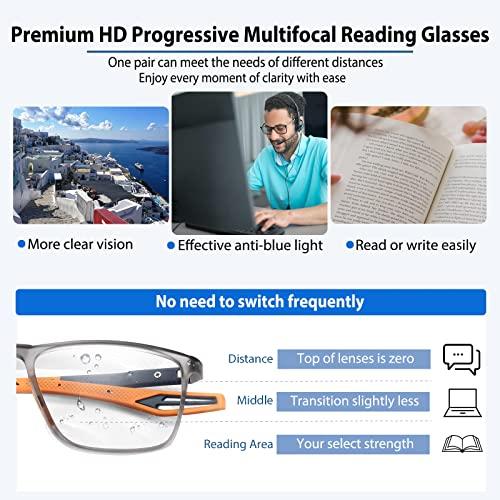 K.LAVER Photochromic Progressive Multifocus Reading Glasses Men Women Extremely Lightweight TR90 Frame Blue Light Blocking Multifocal Computer Readers Spring Hinge No Line Eyeglasses Transition Sunglasses 1.0