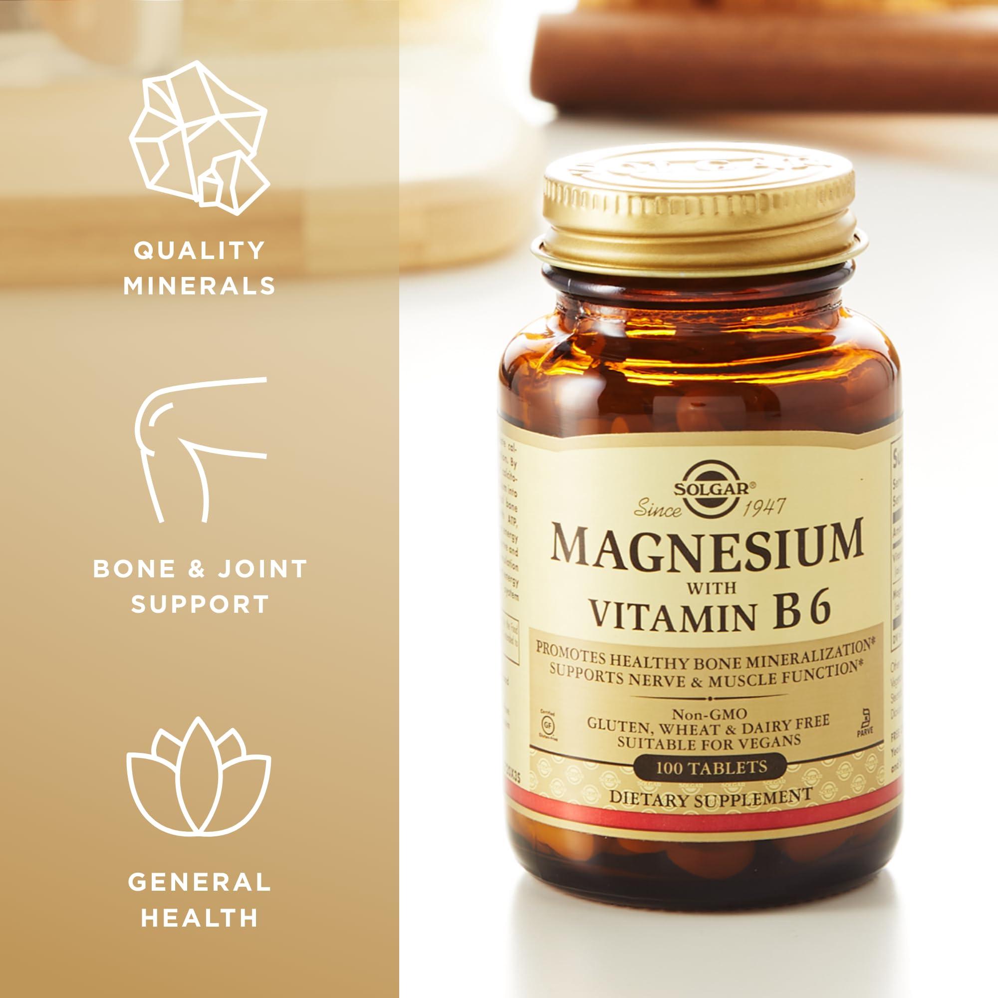 Solgar Solgar Magnesium with Vitamin B6 - 100 Tablets - Promotes Healthy Bone Mineralization, Supports Nerve & Muscle Function - Non-GMO, Gluten Free, Dairy Free, Kosher - 33 Servings