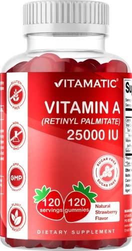 Vitamatic Vitamatic Sugar Free Vitamin A 25000 IU Gummies (Retinyl Palmitate) - Natural Strawberry Flavor - 120 Pectin Based Gummies (1 Bottle)