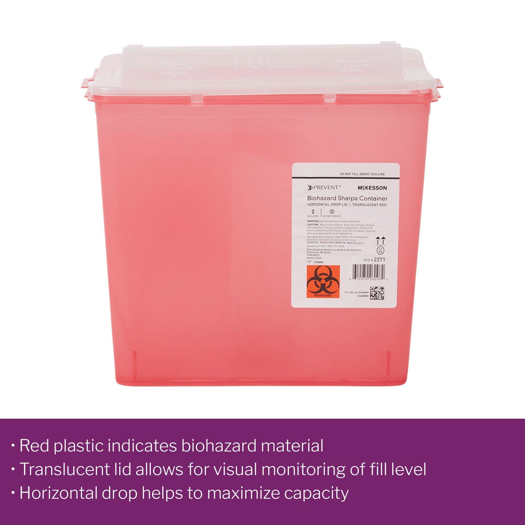 McKesson McKesson Prevent Sharps Container for Home Use, 2 Gallon - for Biohazard Infectious Waste, Needle and Syringe Disposal - Translucent, Touchless Lid - Red, 1 Count