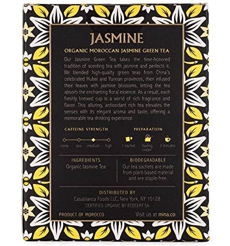 Mina Mina Organic Moroccan Jasmine Green Tea, 15 Biodegradable Sachets, Jasmine Scented Green Tea Bags with Enchanting Floral Essence, Refreshing Aroma, Enjoy Hot or Iced