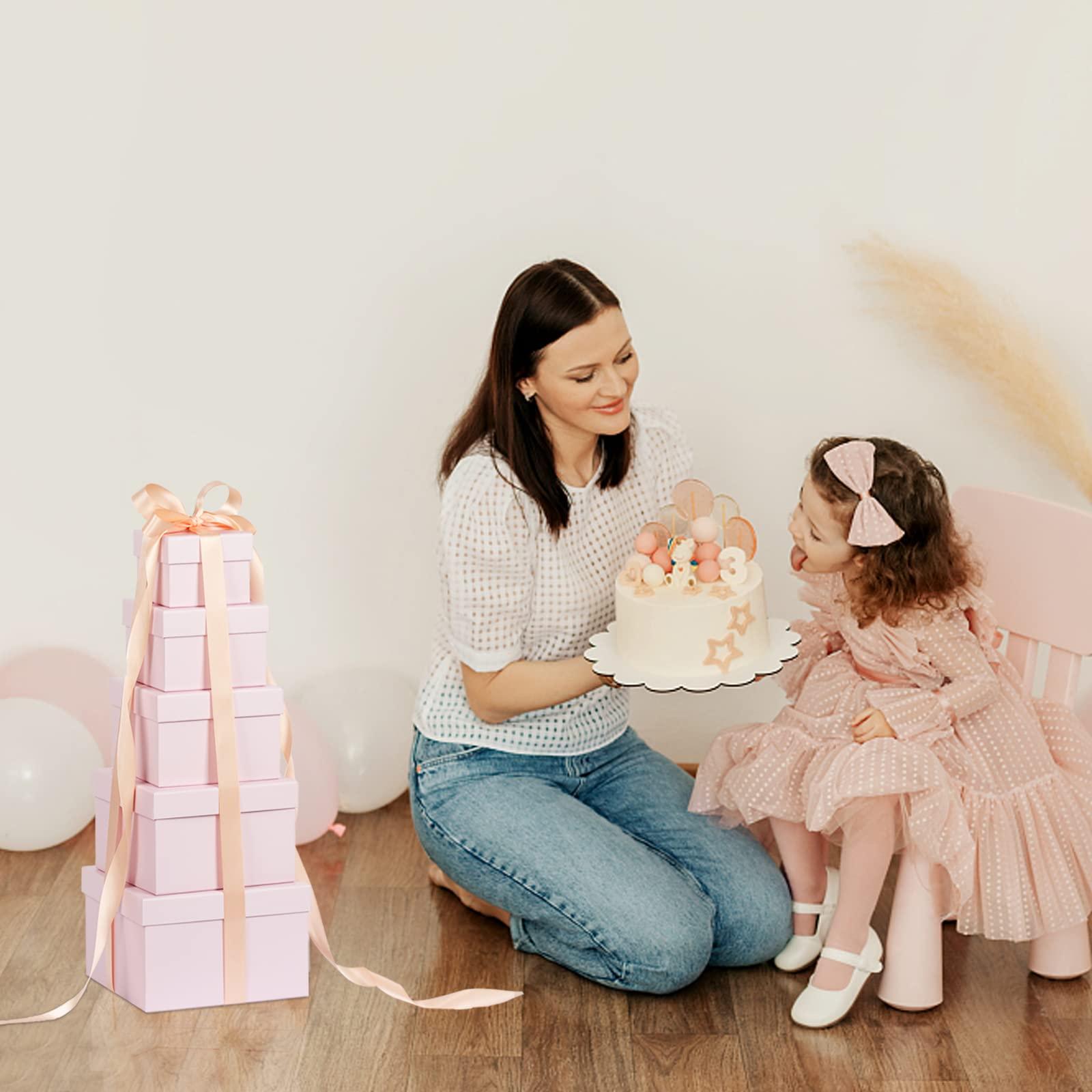 CHARMGIFTBOX CHARMGIFTBOX 5 Pack Large Square Nesting Gift Boxes with Lids for Presents, 4\"-8\" Pink Stacking Gift Box with Ribbon Card for Wedding Birthday Party Valentine Christmas