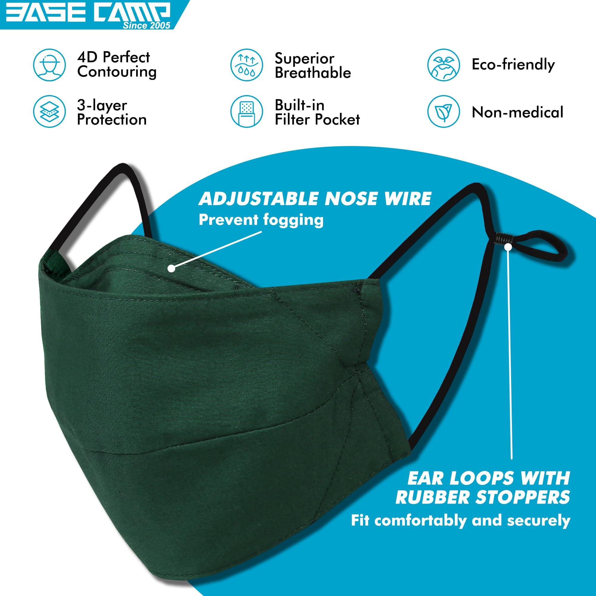 BASE CAMP BASE CAMP Reusable Cloth Dust Face Masks 100% Cotton Washable Adjustable Breathable Fabric Mask with Filter Pocket (1Black+1Green+1Blue)