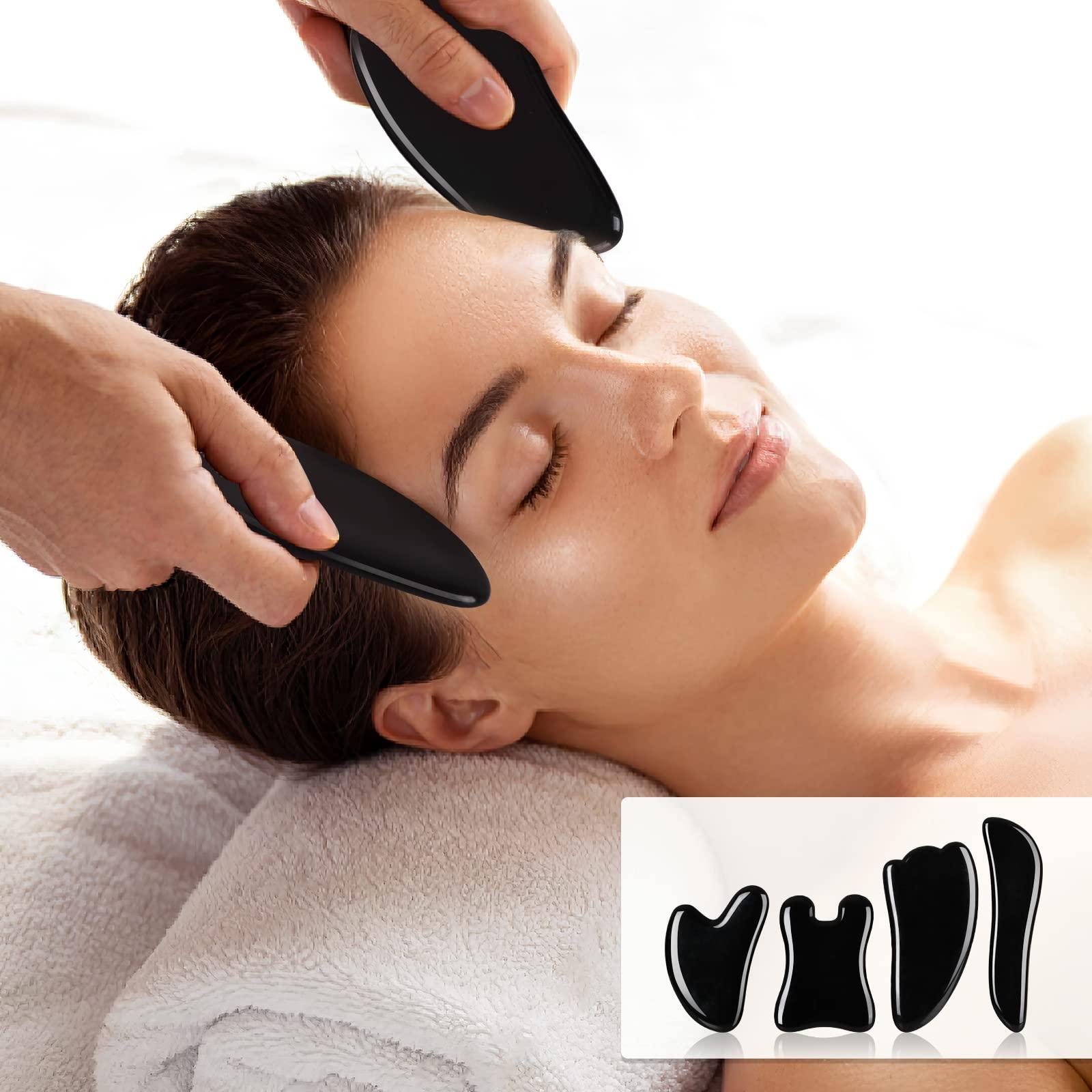 airogym airogym Guasha Massage ToolNatural Stone Gua Sha Board, 4PCS Guasha Stone Scraping Massage Sets for SPA Acupuncture Physical Therapy Muscle Knots Facial Caring Point Treatment (Black Stone)