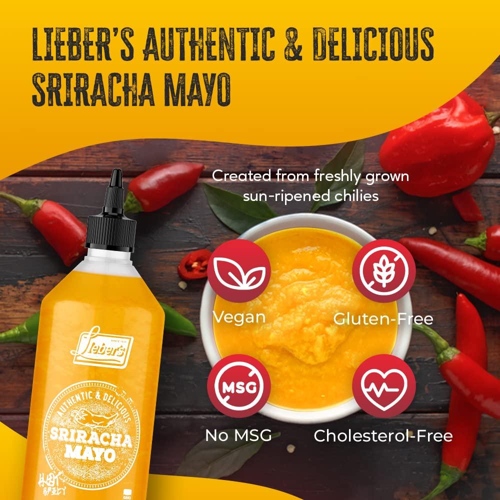 LIEBERS Lieber's Authentic And Delicious Sriracha Mayo, Hot And Spicy Mayonnaise Sauce, Non-GMO, No MSG, Gluten-free, Cholesterol-free, and Vegan, NET WT. 1 lb (454g)