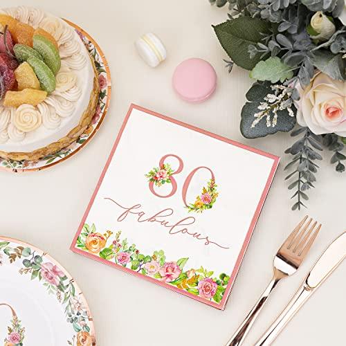 Crisky Crisky 80th Birthday Napkins and Plates for Women Rose Gold Floral Party Decoration, 80 and Fabulous Plates and Napkins for Women 80th Birthday.