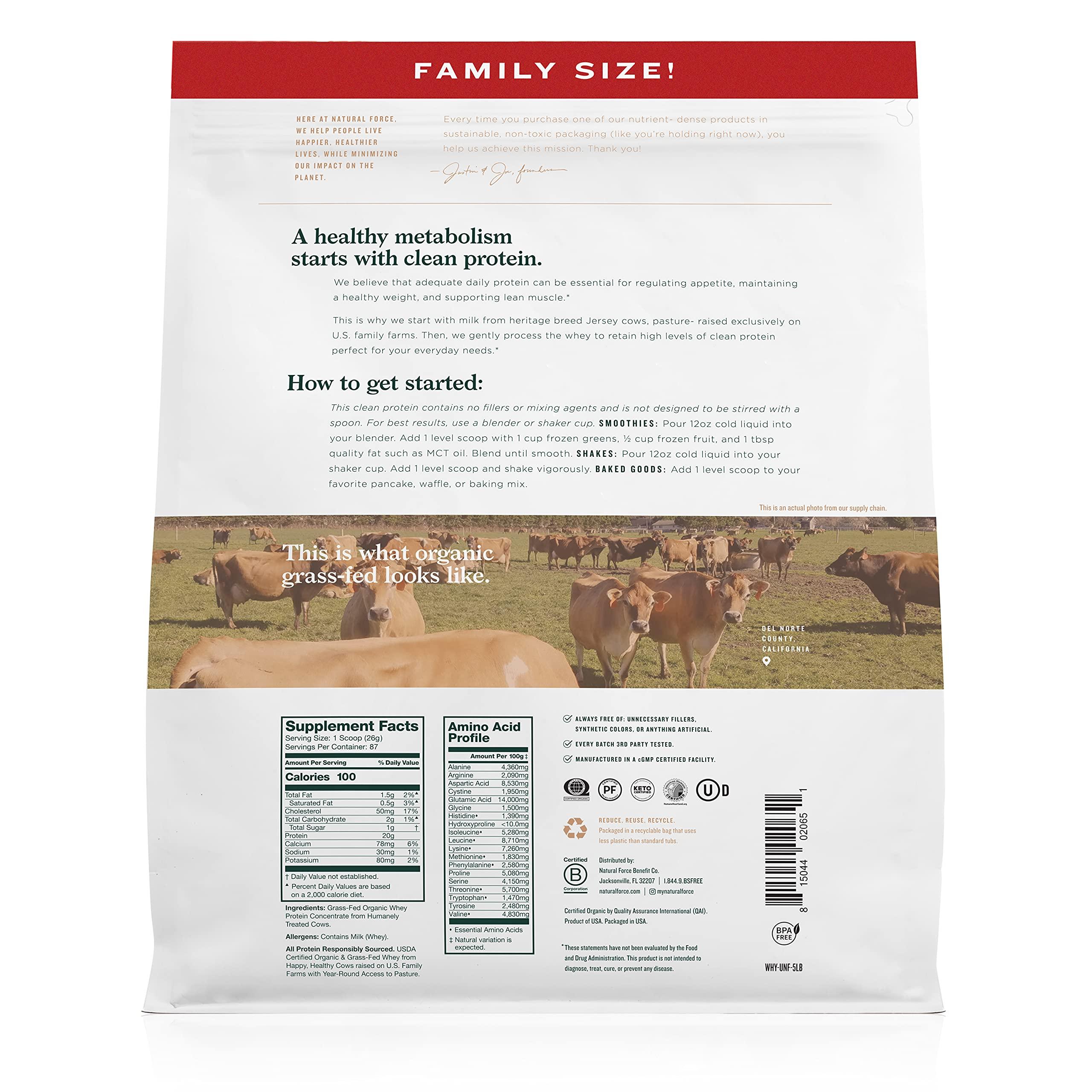 Natural Force Natural Force Grass Fed Organic Whey Protein Powder Non GMO Verified, Humane Certified & Lab Tested for Toxins Pure & Unflavored Keto Friendly, Low Carb, and Kosher 5 Pound A2 Protein