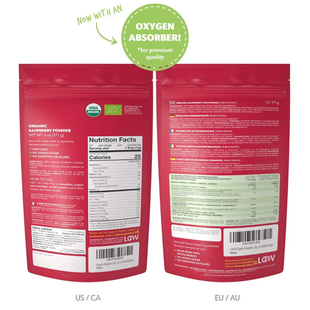 LOOV Organic Raspberry Powder, from Freeze-Dried European Raspberries, 6 Oz, Raw, 24-Day Supply, No Added Sugar