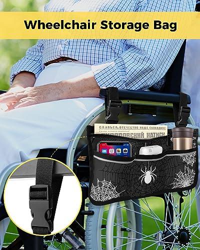 Sabolny Halloween,Wheelchair Side Bag, Wheelchair Walker Armrest Bags with Cup Holder & Reflective Stripes, Mobility Scooter Walker Rollator Wheelchair Accessories Black Grey Horror Watercolor