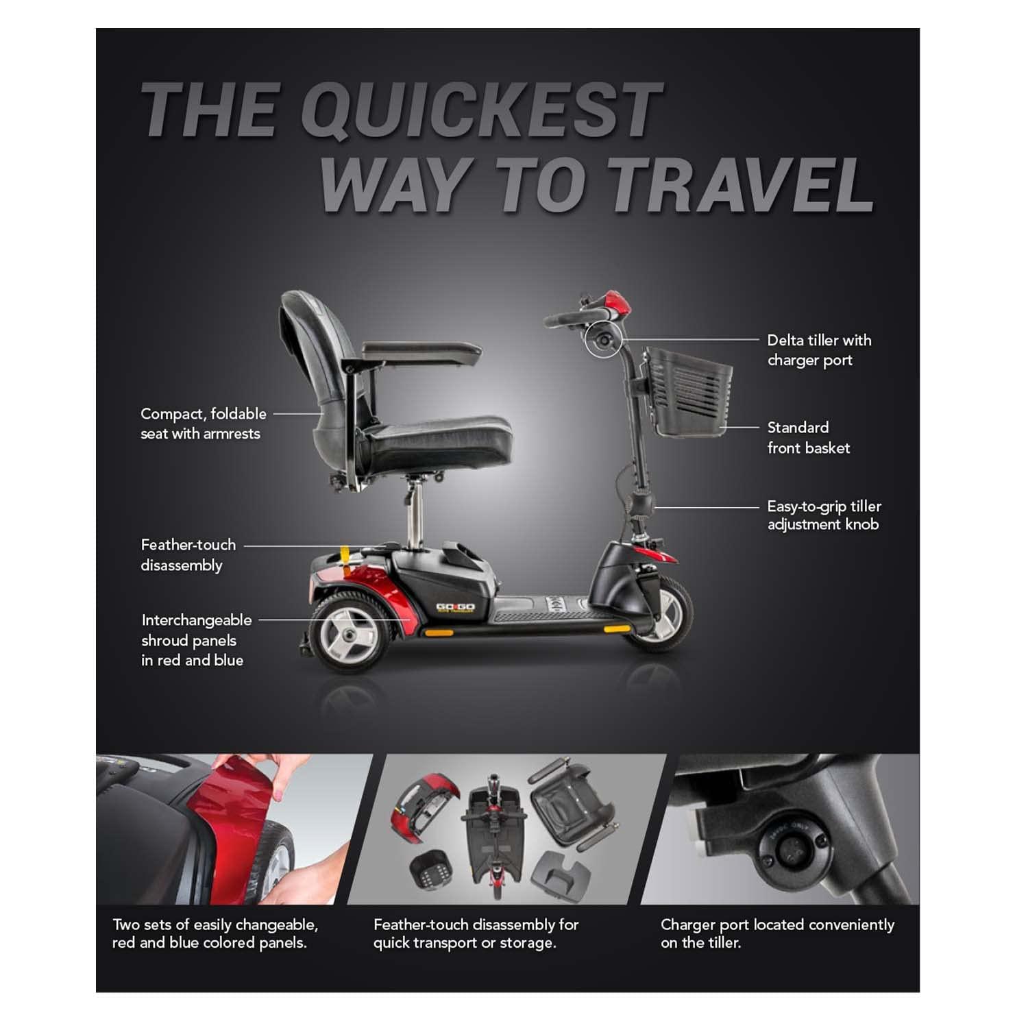 Pride Mobility Pride Mobility Go-Go Elite Traveller 3-Wheel SC40E 18AH, Indoor & Outdoor Travel Electric Mobility Scooter w/Red & Blue Shroud Inserts for Adults, 300 lbs. WC, Up to 4 MPH, 10.5 Range Per Charge