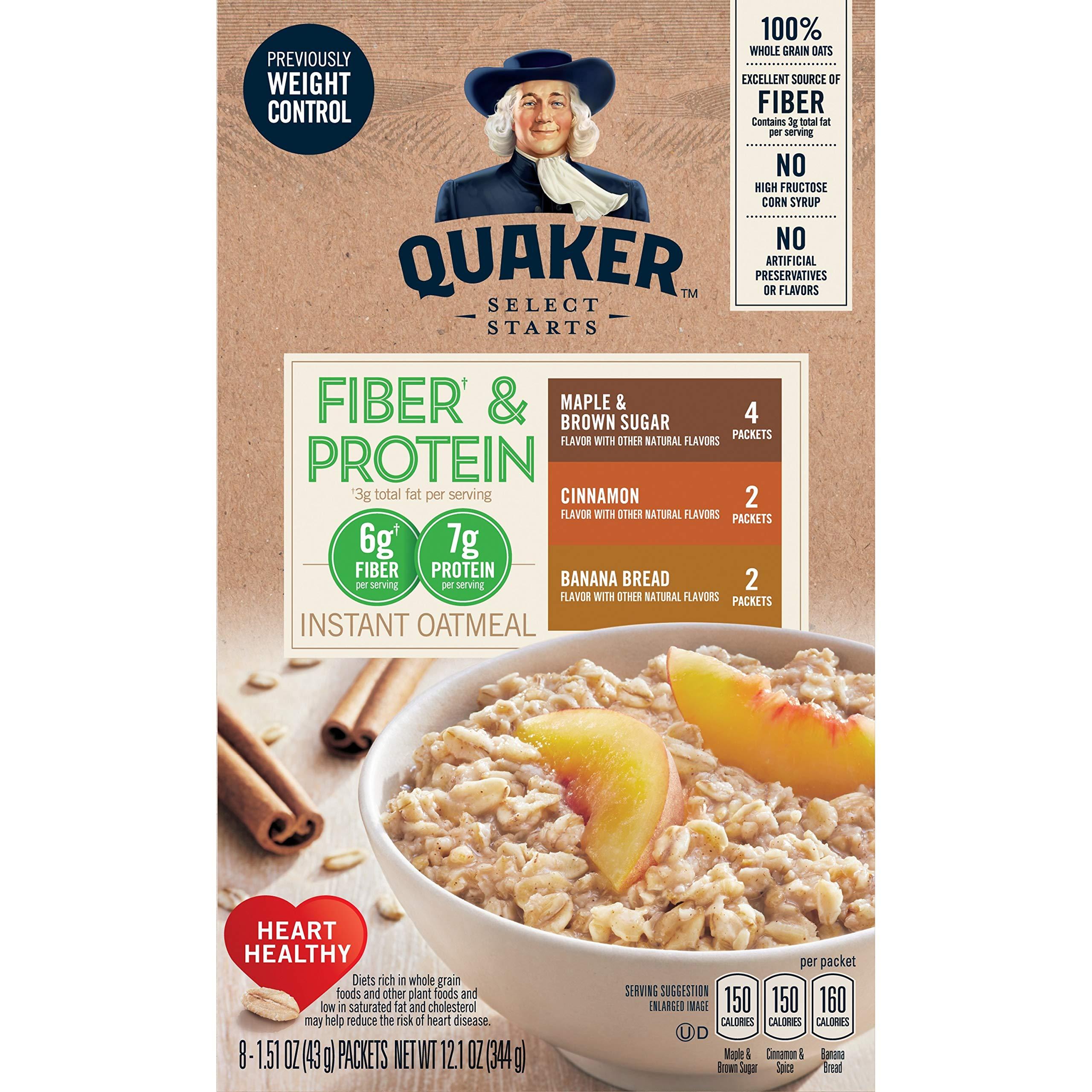 Quaker Quaker Instant Oatmeal, Fiber & Protein 3 Flavor Variety Pack, Individual Packets, 8 Count (Pack of 4)