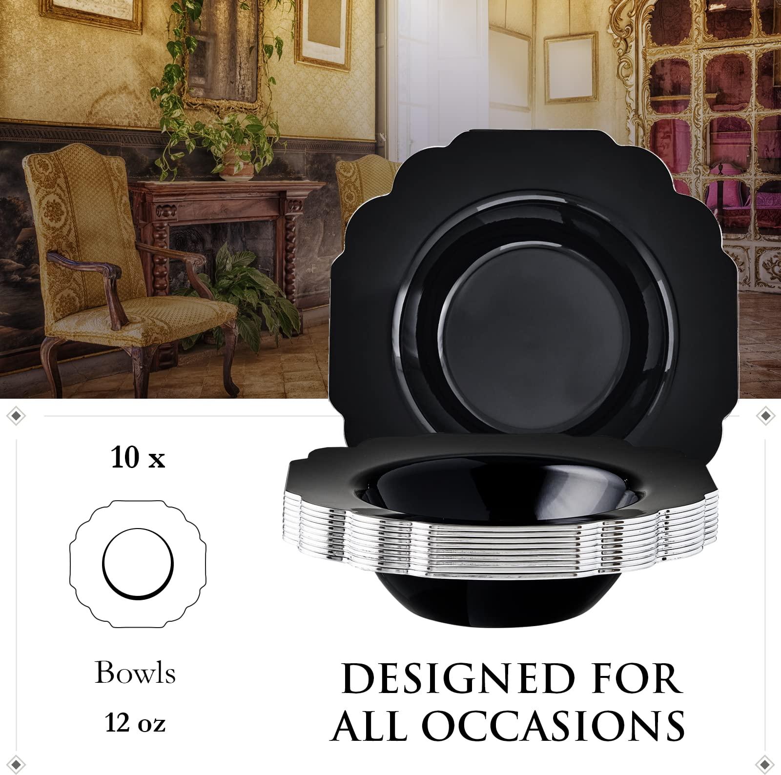 Silver Spoons SILVER SPOONS Disposable Plastic Soup Bowls (10 Piece), Heavy Duty Disposable Soup plates (12 oz), Fine Dining Plastic Dishes For Elegant China Look, Upscaled Servings, Celebrations & Events - Black