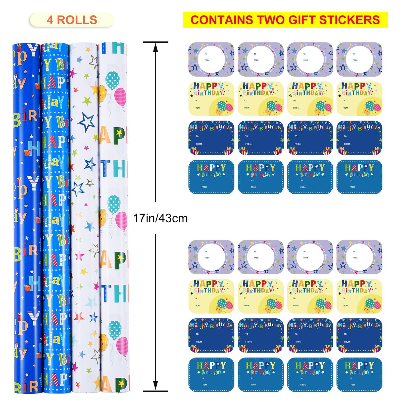 PlandRichW PlandRichW Birthday Wrapping Paper 4 Mini Rolls 17 x 120 for Kids Boys Girls, Colorful Happy Birthday Letters and Stars Design, Gift Wrapping Paper for Women Men Baby Shower Holiday