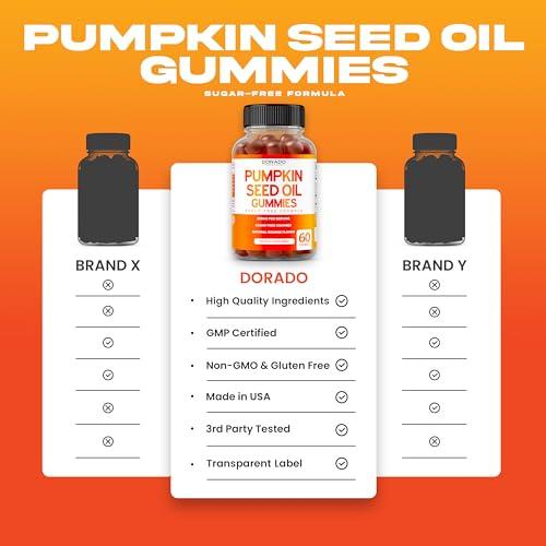DORADO NUTRITION Pumpkin Seed Oil Gummies - 4,000mg Pumpkin Seed Oil For Hair Growth and Bladder Control - Sugar Free Gummy - Delicious Orange Flavor - Non GMO - Gluten Free - Vegan Supplement - (60 Count)