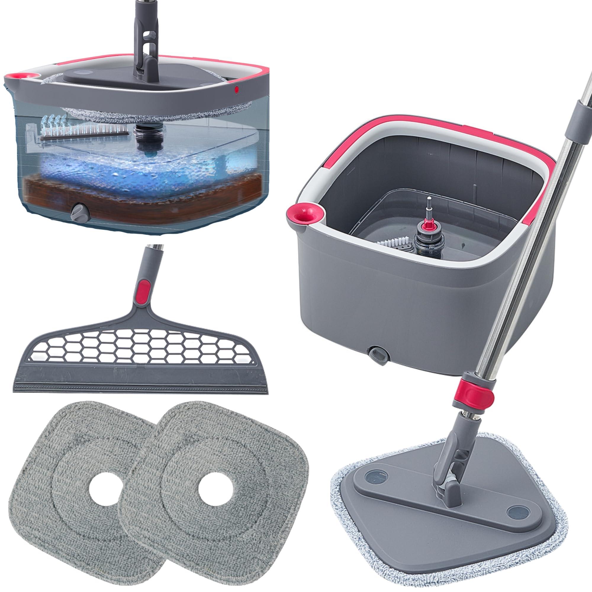 True & Tidy Heavy Duty Square Spin Mop for Floor Cleaning, Separate Compartment for Clean and Dirty Water, Use Any Cleaning Solution, Self Cleaning, Machine Washable Mop Pads