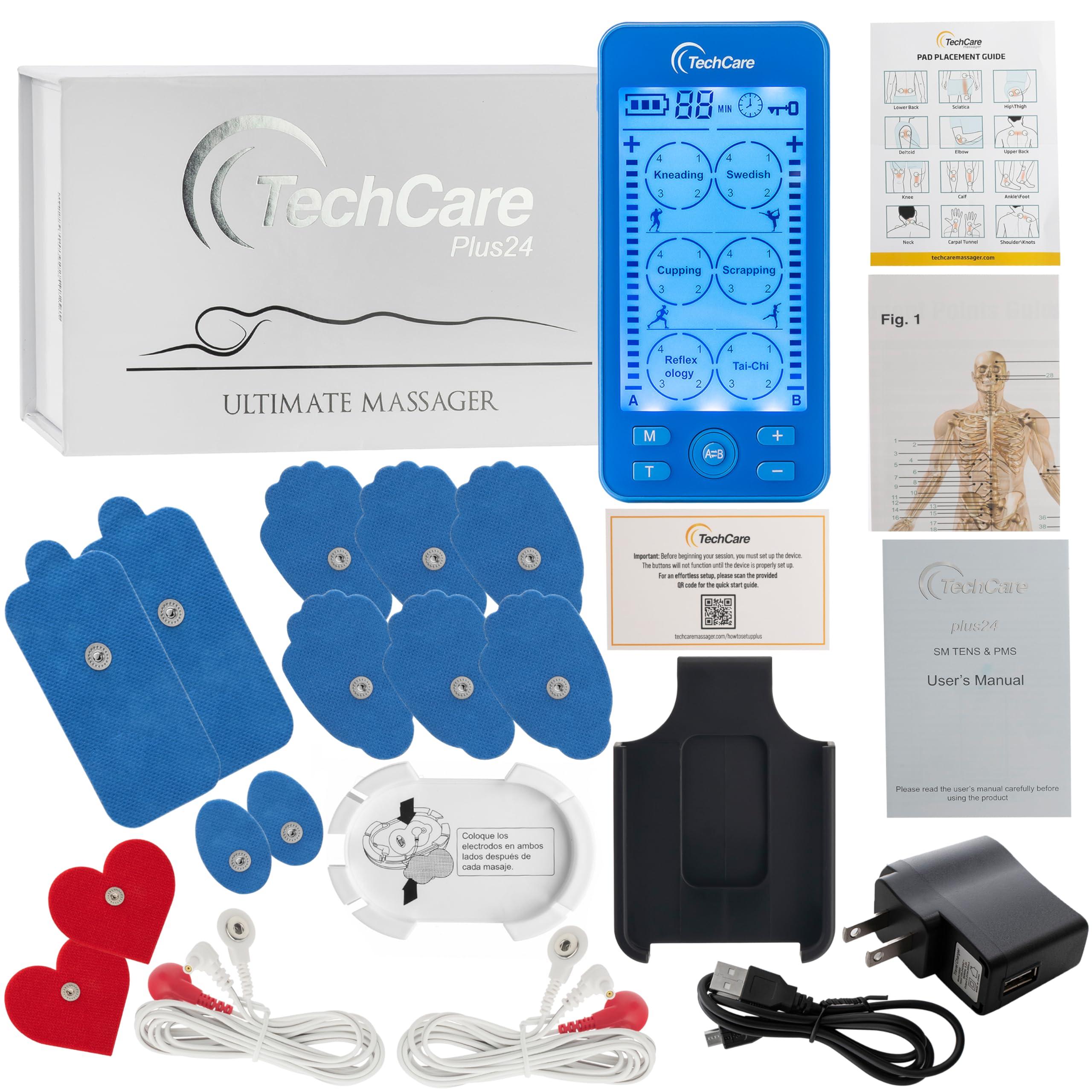 TechCare Massager Tens Unit Plus 24 Rechargeable Electronic Pulse Massager Machine Multi Mode Device with All Accessories (Blue)