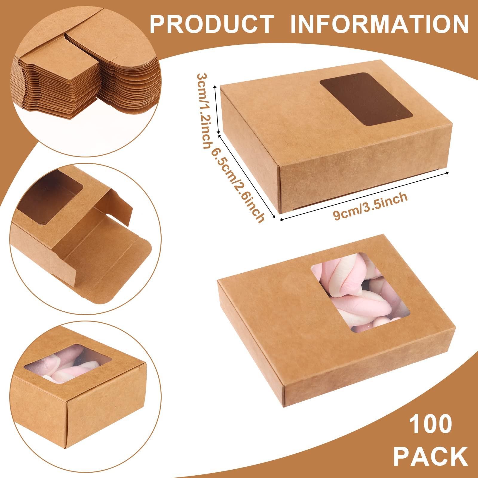 PINKXHY PINKXHY 100 PCS Mini Kraft Paper Box with Square Window Soap Packaging Boxes Craft Cardboard Present Container for Homemade Soap Favor Treat Bakery Candy, 3.5 x 2.6 x 1.2 Inch (Brown)