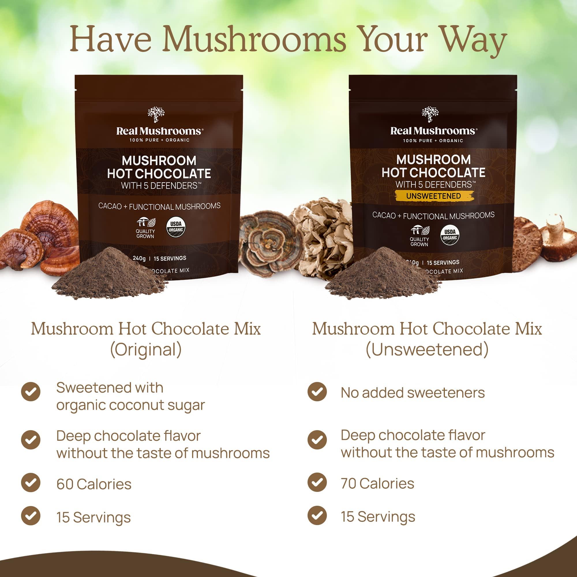 Real Mushrooms Real Mushrooms Organic Hot Chocolate Mix with 5 Defenders Turkey Tail, Chaga, Maitake, Shiitake, Reishi Mushroom - Cacao Powder Vegan Supplement, Gluten-Free, 15 Servings