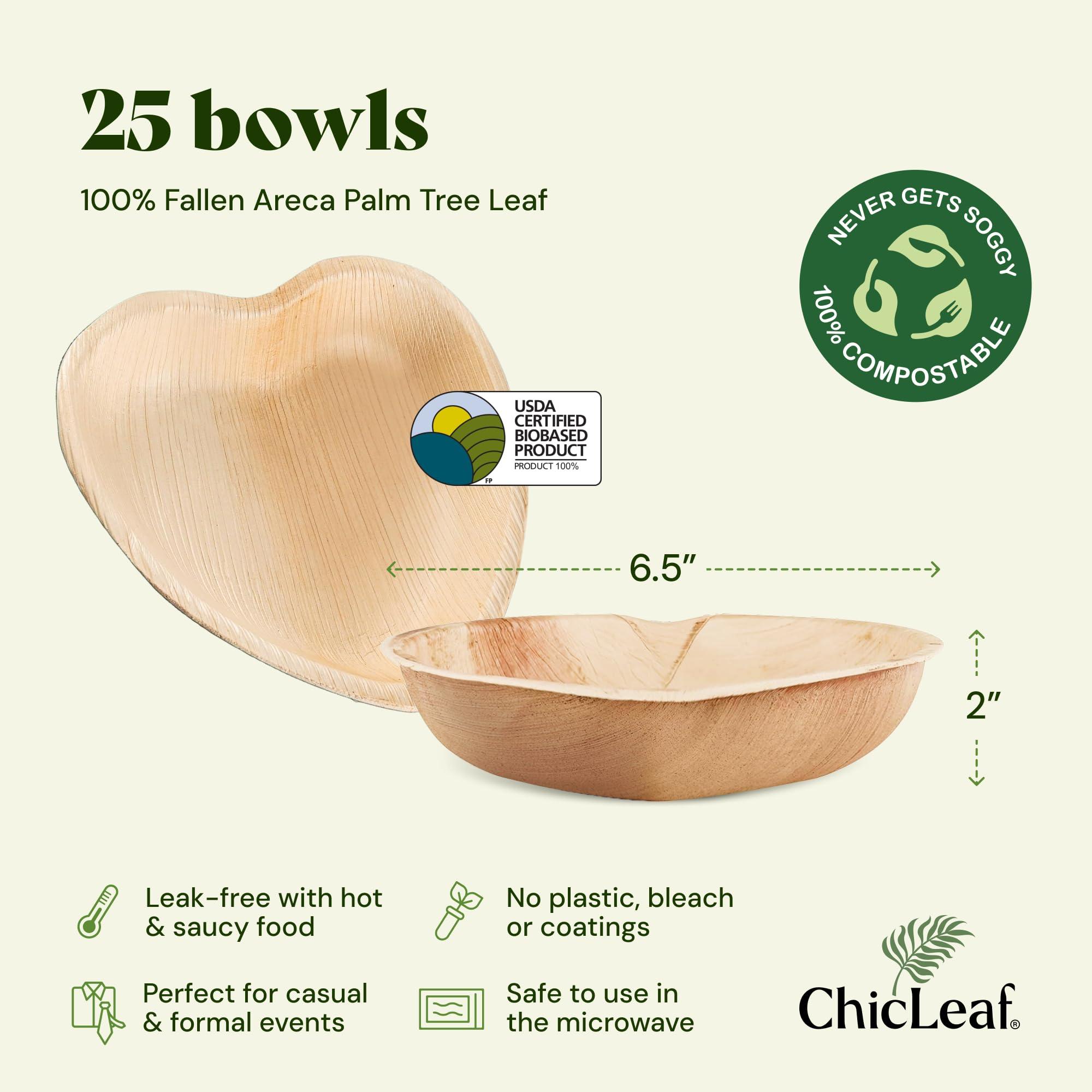 Chic Leaf Chic Leaf Palm Leaf Bowls Disposable Bamboo Heart Shaped Bowls 6.5 Inch Heart Dish (50 Heart Bowls) - Compostable Heart Shaped Plates - Cute Plates For Catering, Charcuterie, Parties