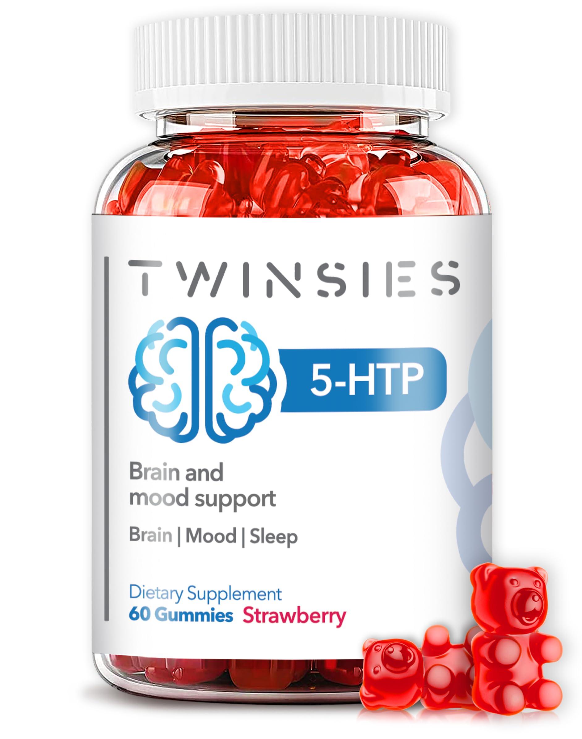 Twinsies Twinsies 5-HTP Gummies 200mg with L-Tryptophan Supplement for Brain, Mood Stabilizer and Sleep Support, 60 Strawberry Gummies (Strawberry)