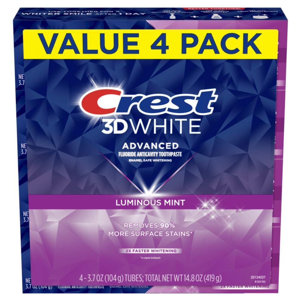 Crest Crest 3D White Advanced Luminous Mint Teeth Whitening Toothpaste, Crest Toothpaste, 3.7 oz Pack of 4 - Helps Remove Surface Stains, Whitens Teeth, Strengthens Tooth Enamel, Protects Against Cavities