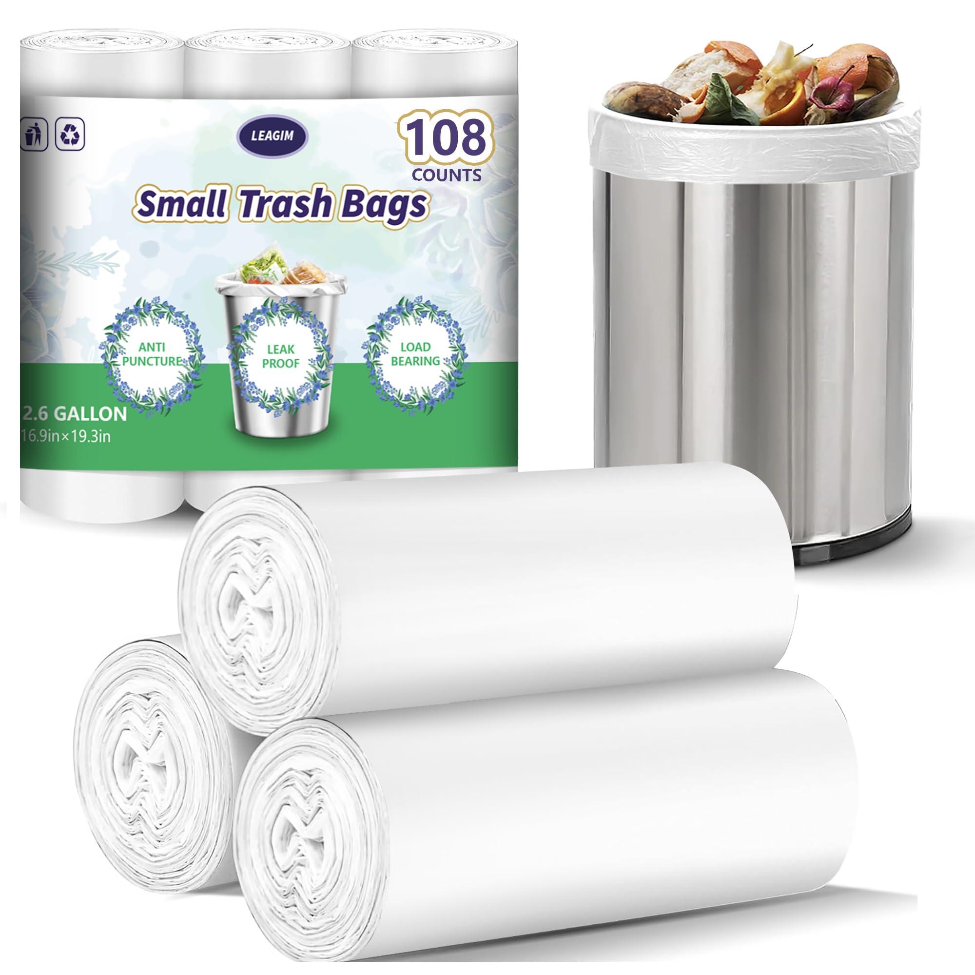 LEAGIM Small Trash Bags 2.6 Gallon-108 Count Leakage-Proof Strong, Small Mini Garbage Bags for Bathroom, Bedroom, Office, White Small Trash Can Liners