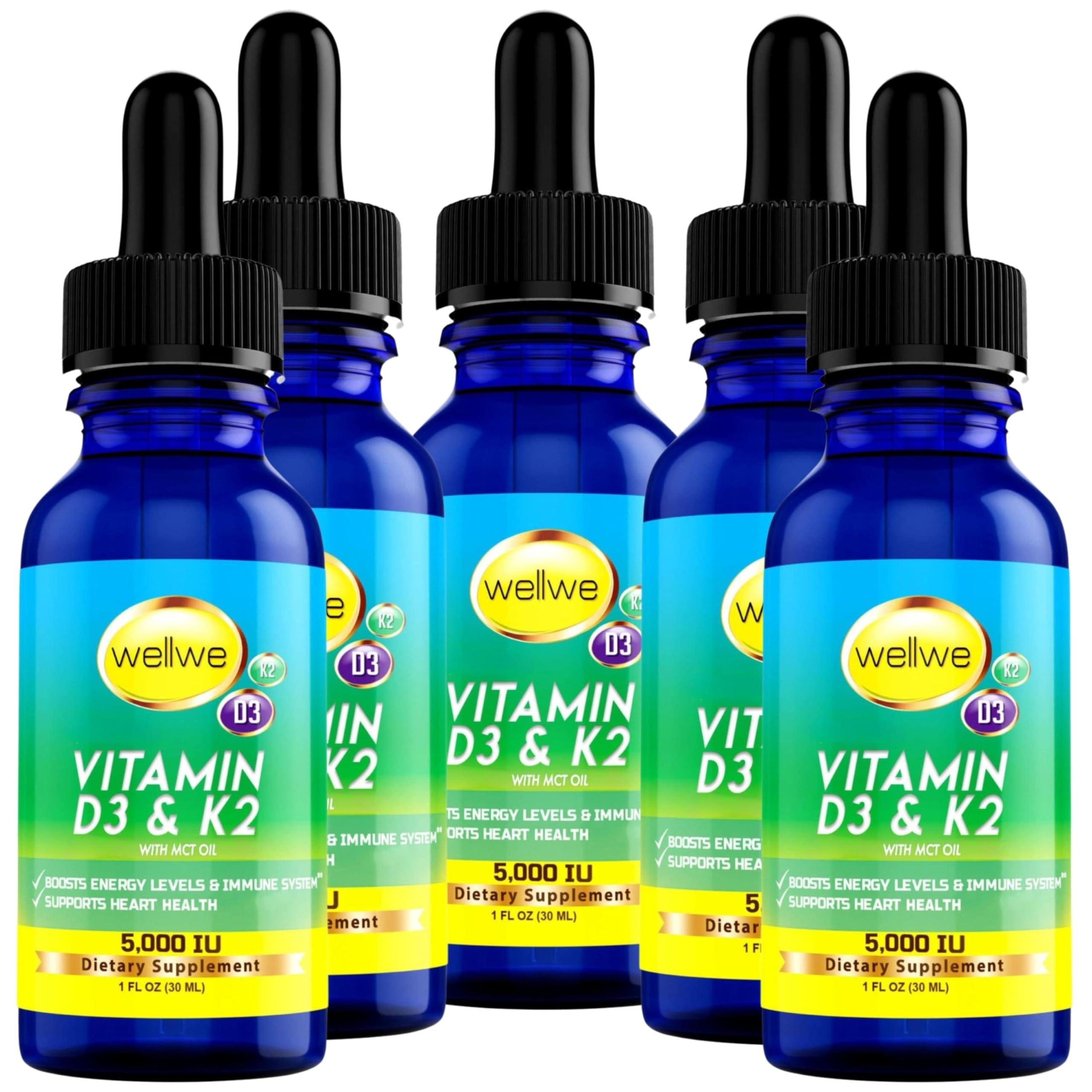 wellwe Liquid Vitamin D3 K2 Drops 5000 IU - Vegan, No Taste, No Odor, Soy-Free, Gluten Free, Non-GMO, 1000 IU per Drop, Boosts Energy Levels & Immune System, Supports Heart Health (5 Pack)