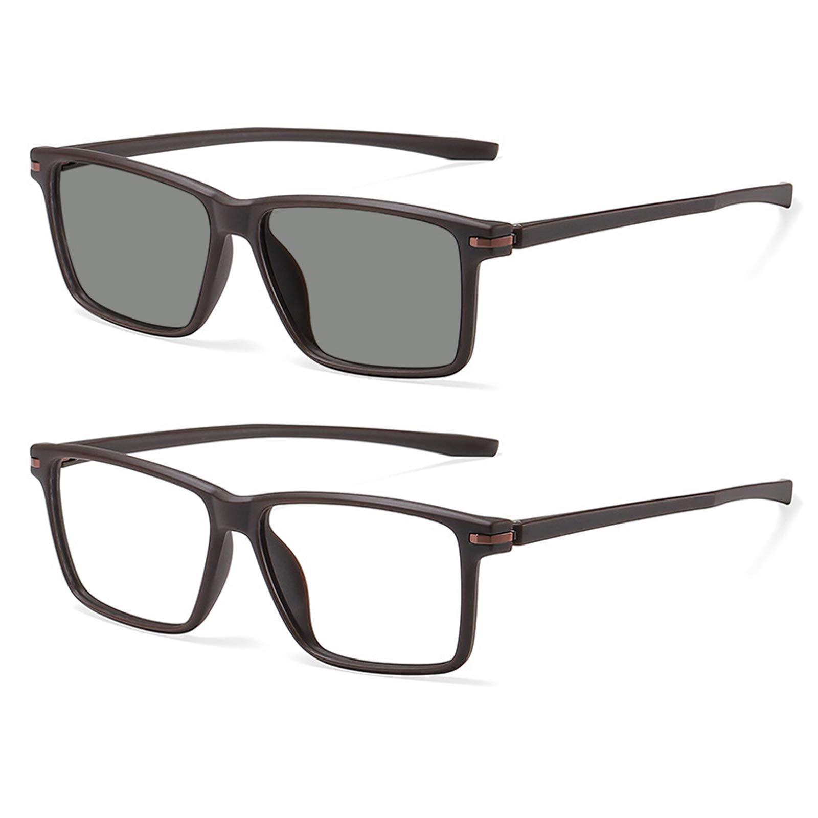 COTIA COTIA Reading Glasses for Mens,Transition Photochromic Dark Gray Sunglasses,TR90 Square Frame with Matte Texture (tea, 0)