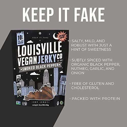 Louisville Vegan Jerky Louisville Vegan Jerky - Smoked Black Pepper, Vegetarian & Vegan-Friendly Jerky, 21 Grams of Non-GMO Soy Protein, 240 Calories Per Bag, Gluten-Free Ingredients (3 oz, 5-Pack)