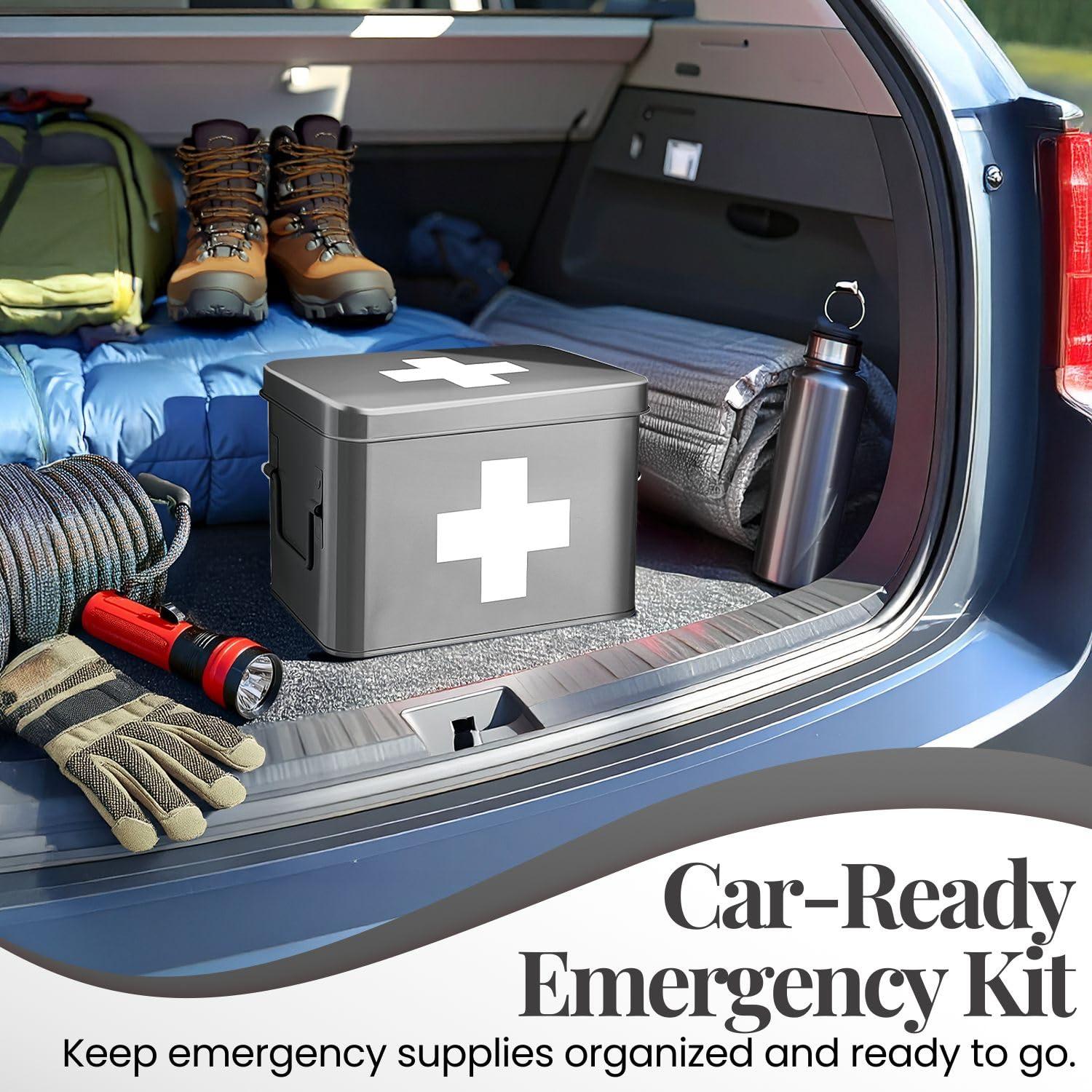 Flexzion Flexzion First Aid Box Organizer, Empty 8.5 Inch Gray Vintage First Aid Kit Tin Metal Medical Box First Aid Storage Box Container Bins with Dividers, Removable Tray and Cross Logo