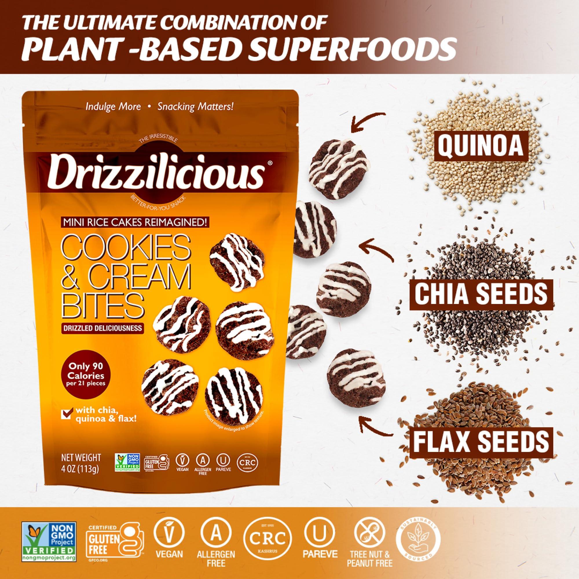 Drizzilicious Drizzilicious Mini Rice Cakes Cookies & Cream - Rice Crisps, Healthy Snack for Adults and Kids, Flavored Rice Cakes, Vegan, Gluten Free, Allergen Free, Only 90 Calories Per Serving - 4 oz (Pack of 2)