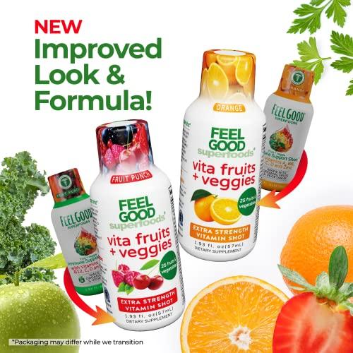 FeelGood Superfoods FeelGood Superfoods Vita Fruits and Veggies Immune Support Shot Supplements, 25 Organic Fruits and Veggies, Ready to Drink Immunity Booster, Orange and Fruit Punch Flavor, Combo Pack of 20