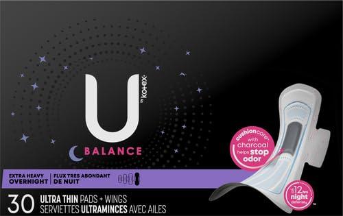 U by Kotex U by Kotex Balance Ultra Thin Overnight Pads with Wings, Extra Heavy Absorbency, 30 Count (Pack of 2)