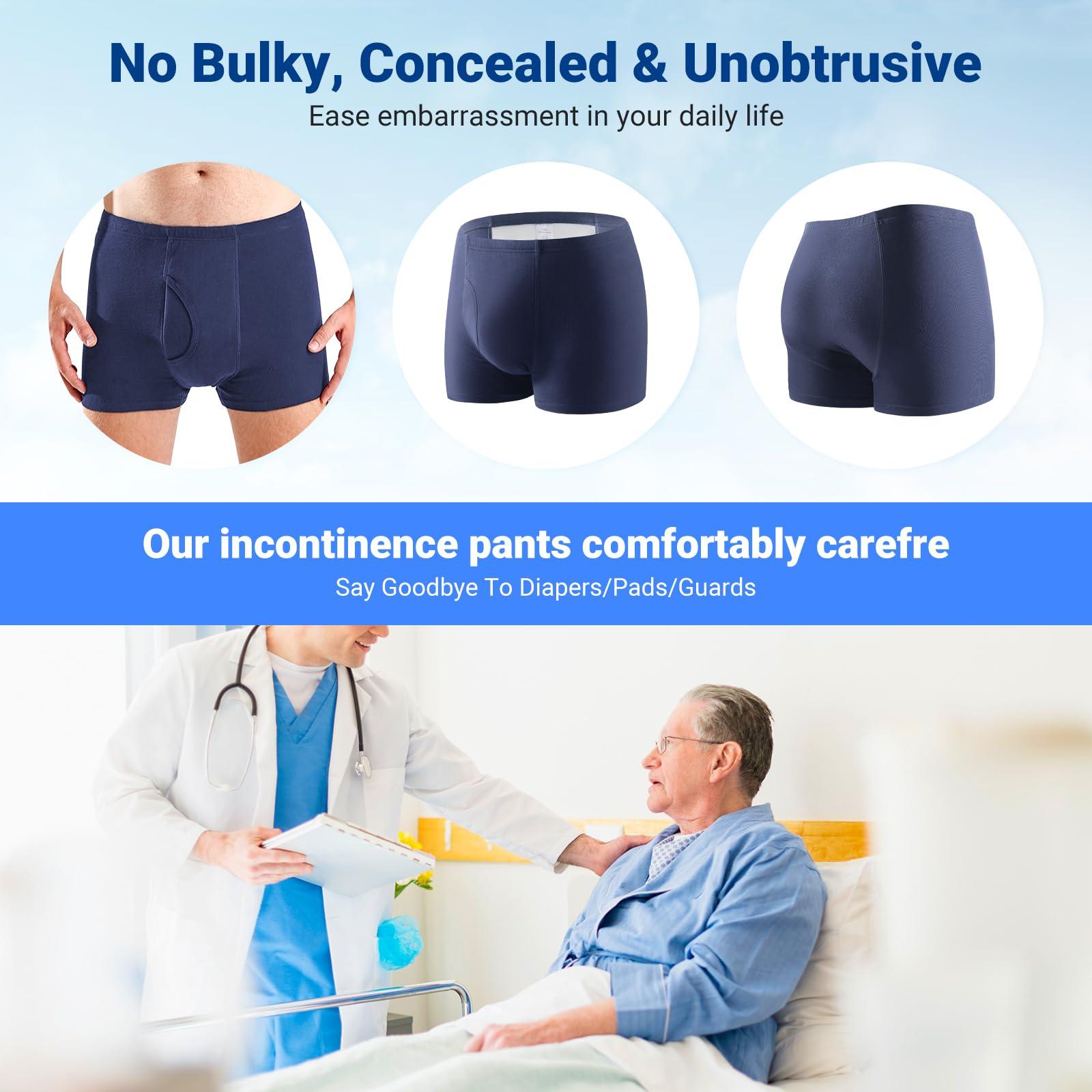 AutoTime Men\'s Incontinence Underwear 2PCS Incontinence Boxer Briefs Absorption Protection Washable Incontinence Underwear for Men Leak Proof Underwear with Front & Rear Absorbent Area 200ML (Blue, Small)