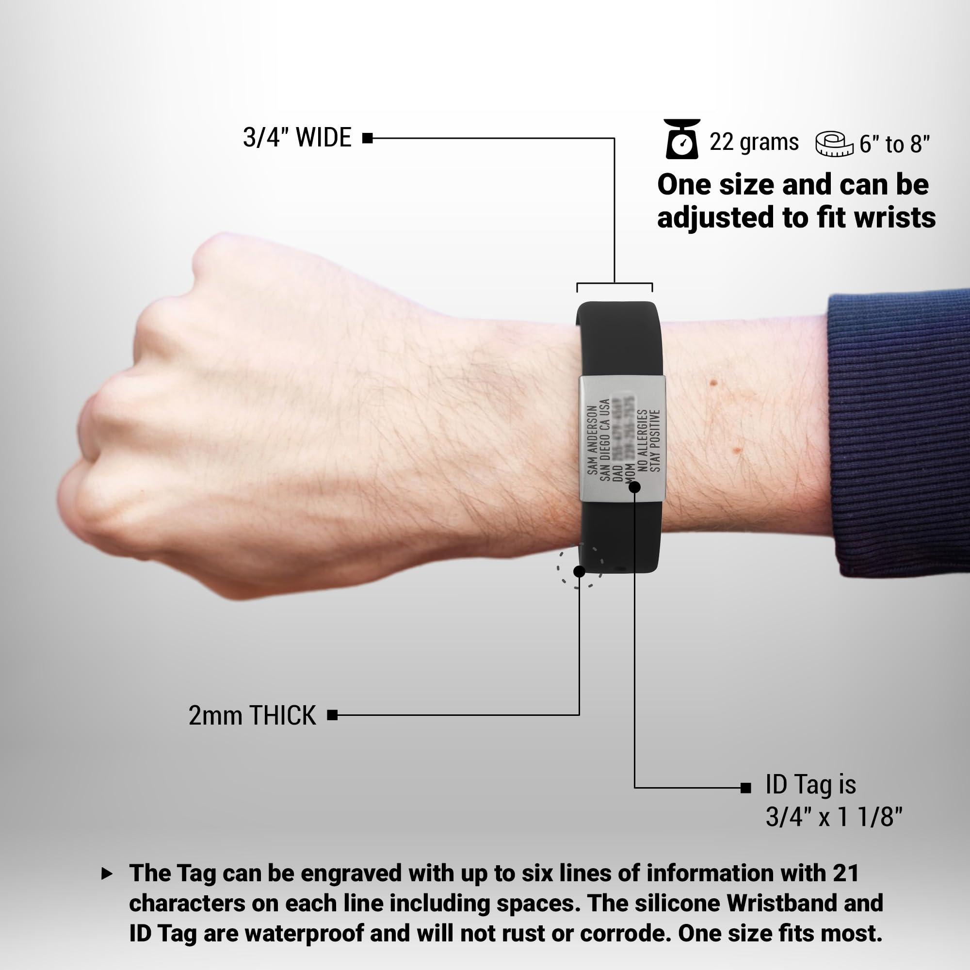 BRECK iD Sleek Wrist ID 22g Silicone Medical Bracelet, 1 Size Adjustable 6\"-8\" - Pin & Tuck Style Wristband, Bracelets for Men & Women, Road ID & Emergency ID Bracelet & Free Engraving