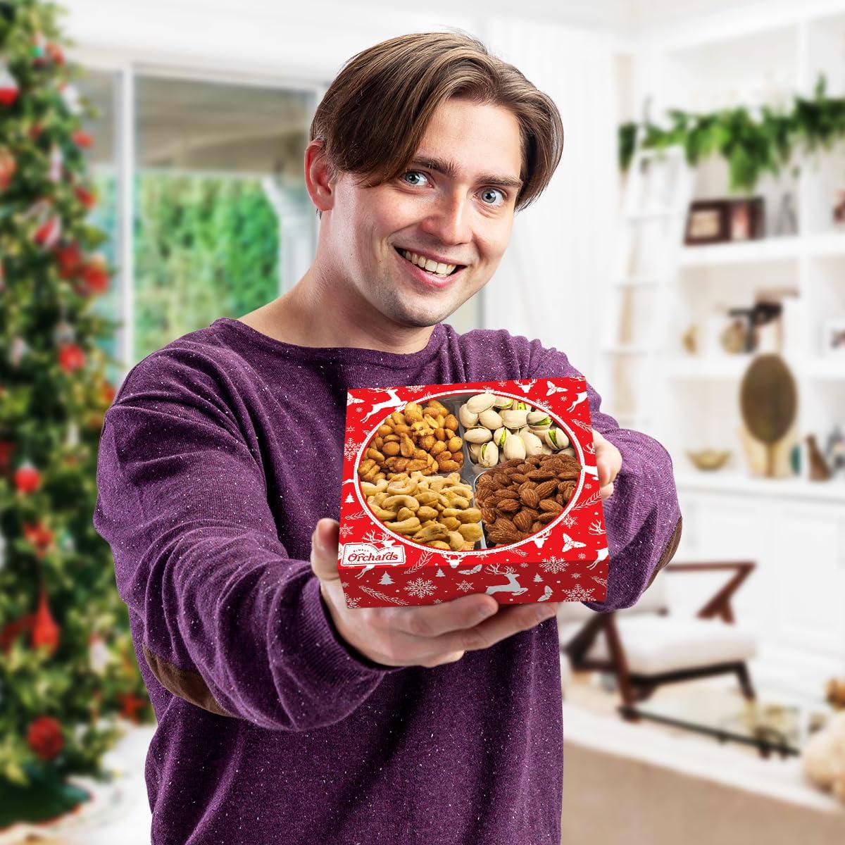 Simple Orchards Christmas Nuts Gift Basket for Holiday Season, Premium Mixed Nut Assortment Gift Gourmet Snack Food Present Box, Vegan, Organic and Kosher - Christmas Gift Basket for Family (4 Sectional)