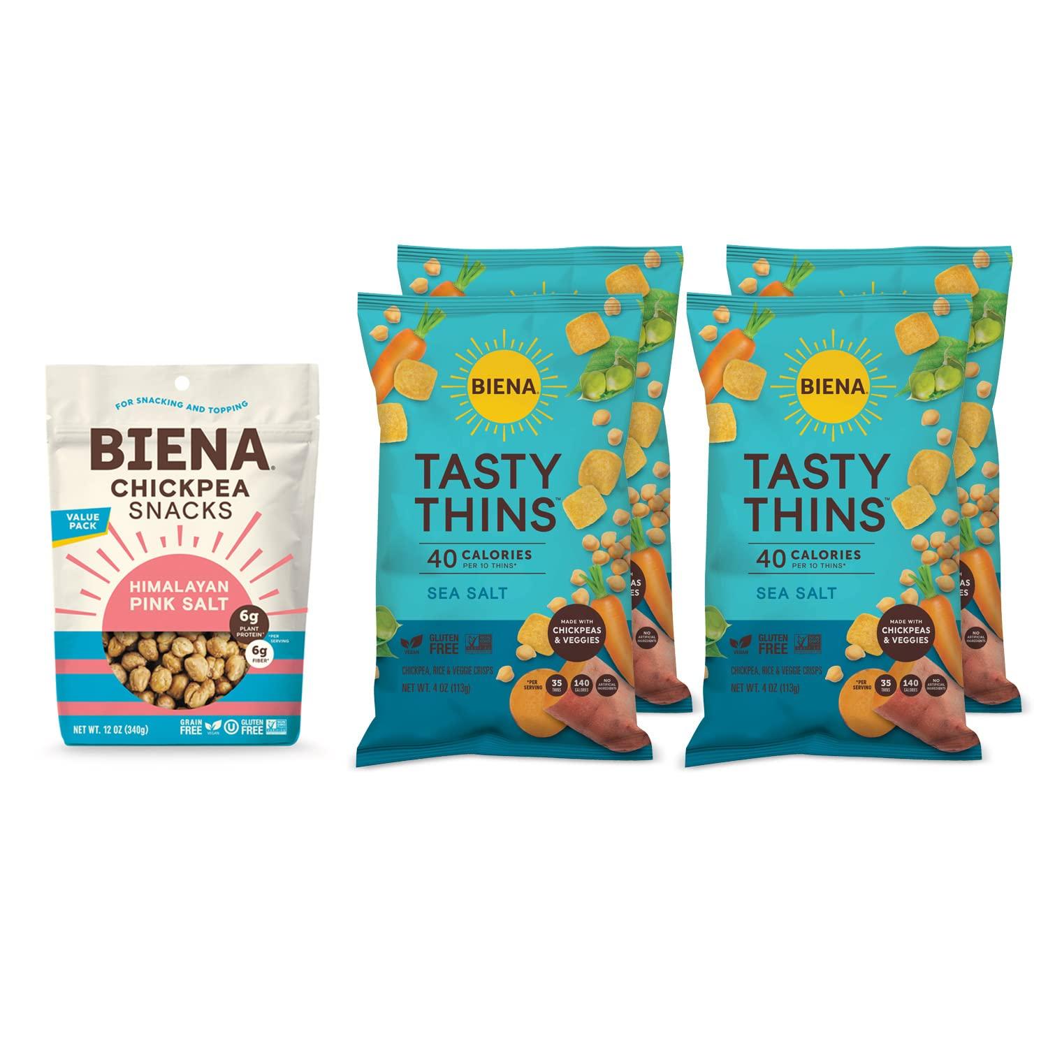 BIENA Biena Sea Salt Chickpea Tasty Thins (4 Pack) And Himalayan Pink Salt Chickpea Snacks (Value Pack)