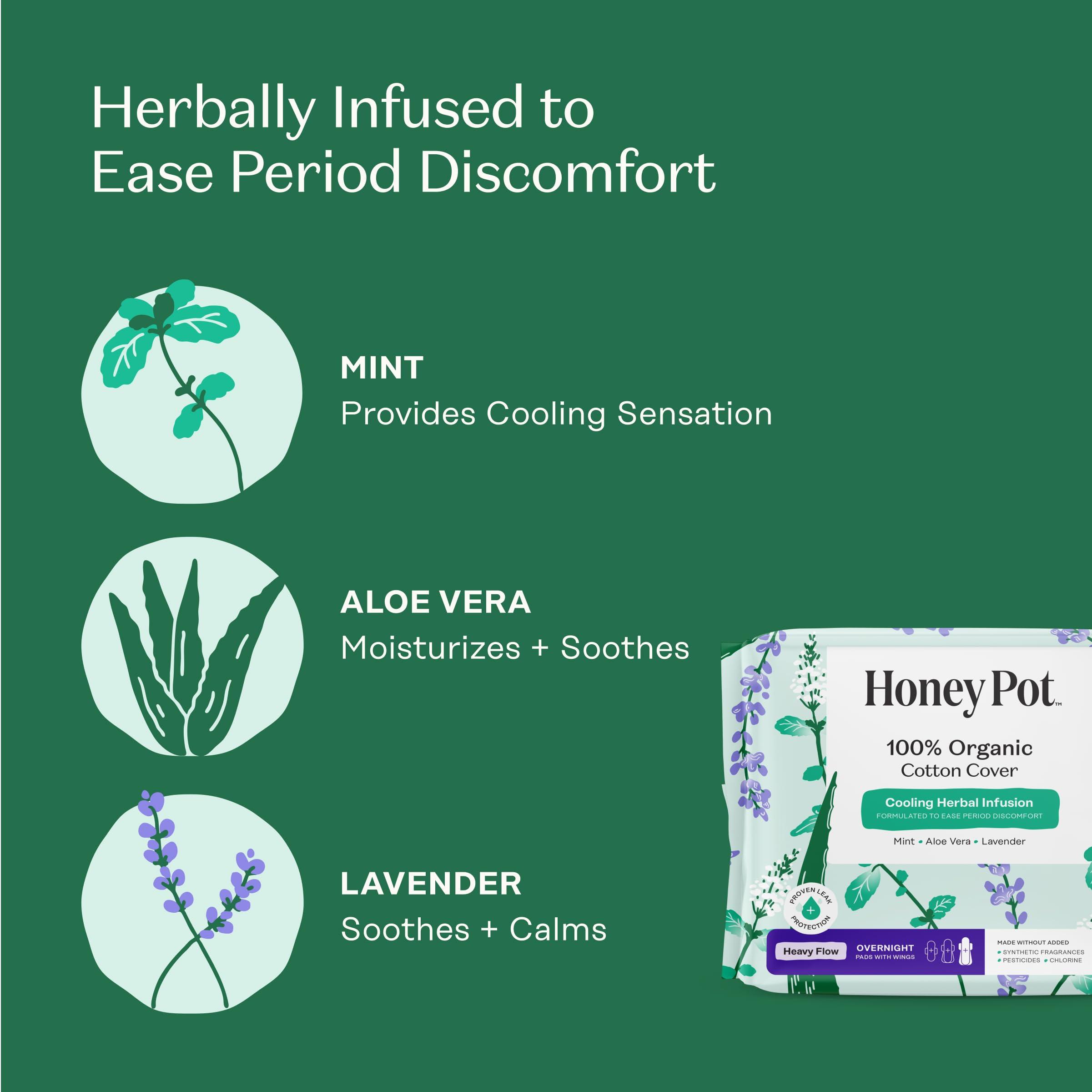 The Honey Pot Company The Honey Pot Company - 64ct - Herbal Sanitary Pads for Women - Heavy Flow Overnight w/Wings - Infused w/Essential Oils for Cooling Effect & Organic Cotton Cover - Feminine Care - FSA & HSA