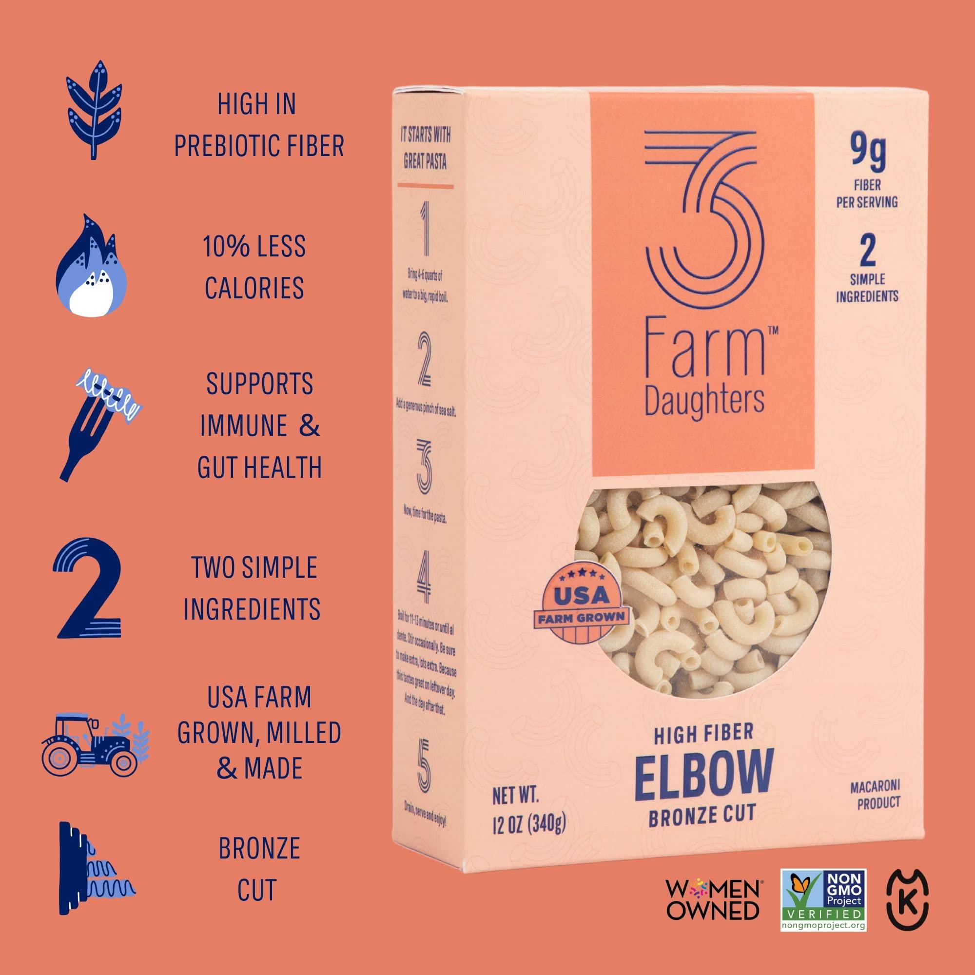 Three Farm Daughters 3 Farm Daughters High Fiber Pasta Variety Pack, Includes Penne, Elbow, Rotini & Cavatappi, Low GI, Non GMO, Low Net Carb, Made in the USA, 12 oz. (4 Pack)