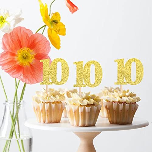 ZHUOWEISM 30 PCS Number 10 Cupcake Toppers Glitter Cheers to 10 years Old Birthday Cupcake Picks 10th Birthday Wedding Anniversary Party Cake Decorations Supplies Gold