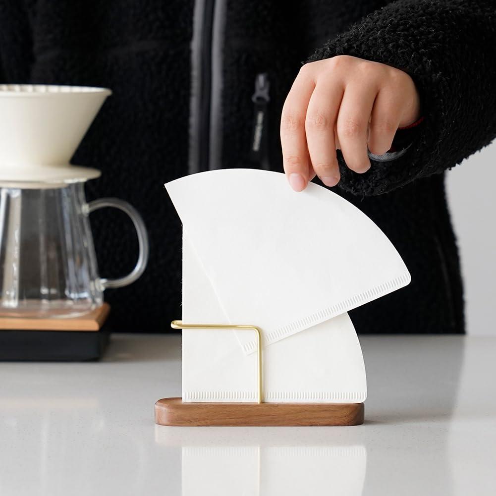 watchget watchget Cone Coffee Filter Holder Walnut & Brass Coffee Filter Storage Container Coffee Filter Stand for #01 and #02 Size V60 Cone Paper Coffee Filters