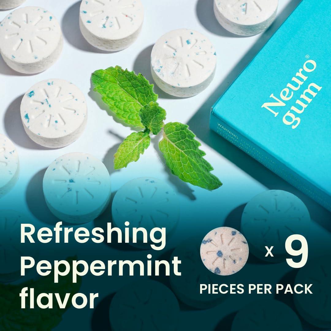 NeuroGum NeuroGum Energy Caffeine Gum (54 Pieces) - Sugar Free with L-theanine + Caffeine + Vitamin B12 & B6 - Nootropic Energy & Focus Supplement for Women & Men - Peppermint Flavor (Packaging May Vary)