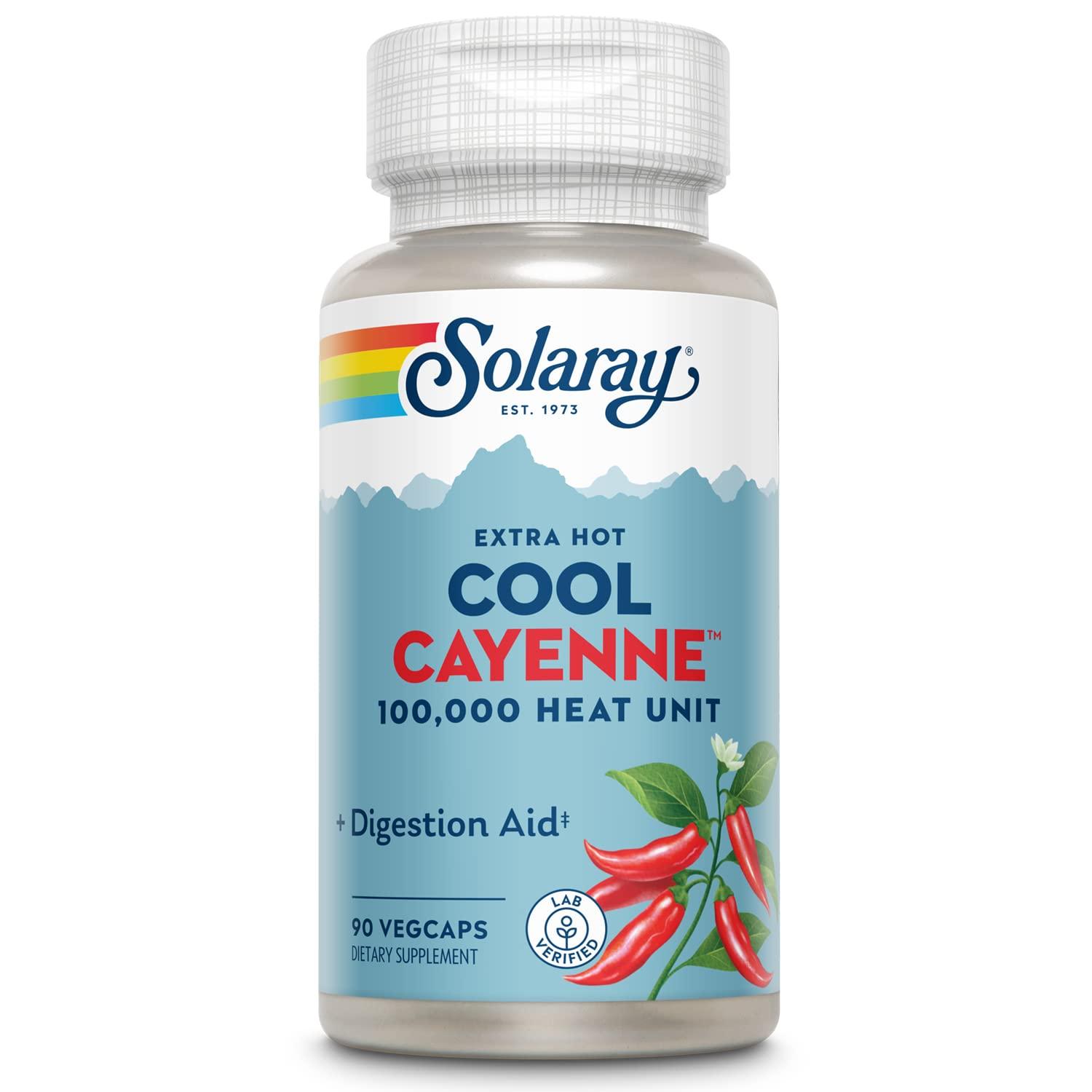 SOLARAY SOLARAY Extra Hot Cool Cayenne 100,000 HU - Traditional Folk Remedy and Digestion Aid - Bio-Cool Process - Lab Verified, GMP Facility, 60-Day Guarantee - 45 Servings, 90 VegCaps