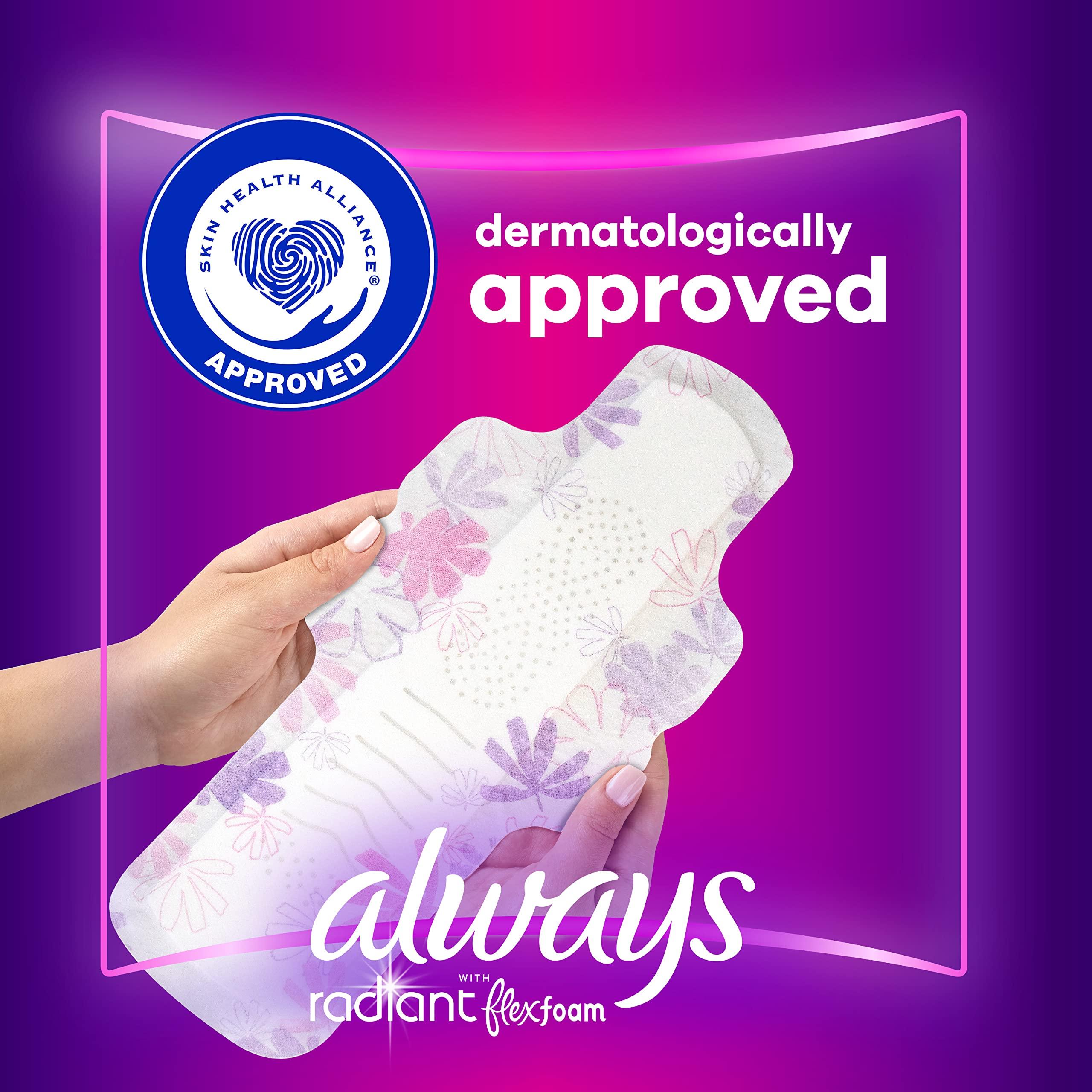 Always Always Radiant FlexFoam Pads for Women, Size 5, Extra Heavy Overnight Absorbency, 100% Leak & Odor Free Protection is Possible, with Wings, Scented, 26 Count