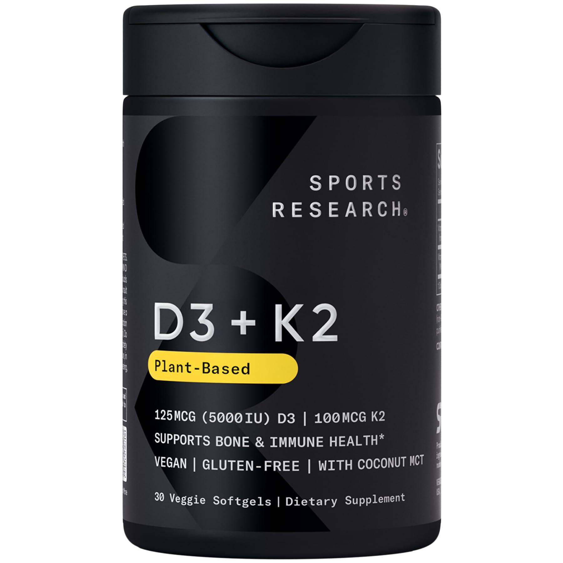 Sports Research Sports Research Vitamin D3 K2 with Coconut Oil | Plant Based Vitamin K2 MK7 + Vegan D3 5000iu for Bone & Immune Health | Vegan Certified, Soy & Gluten Free - 30 Count Softgels