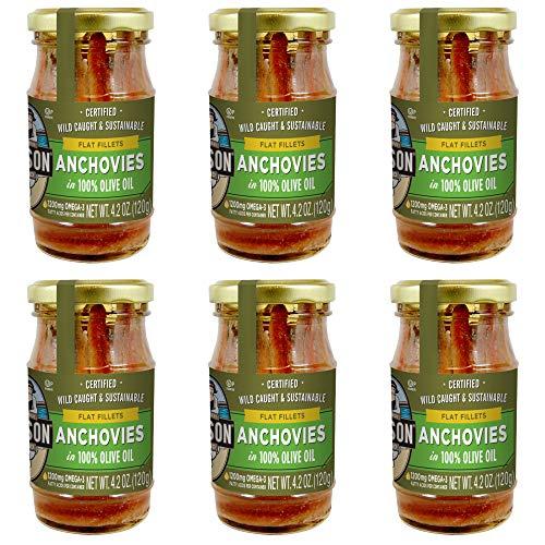 SEASON Season Anchovies in Olive Oil – Flat Anchovy Fillets, Wild Caught Fish, Keto Snacks, Canned Anchovies, Rich in B Vitamins, Low in Mercury, Kosher, Non-GMO, 600mg of Omega-3 – 4.2 Oz Glass Jar, 6-Pack