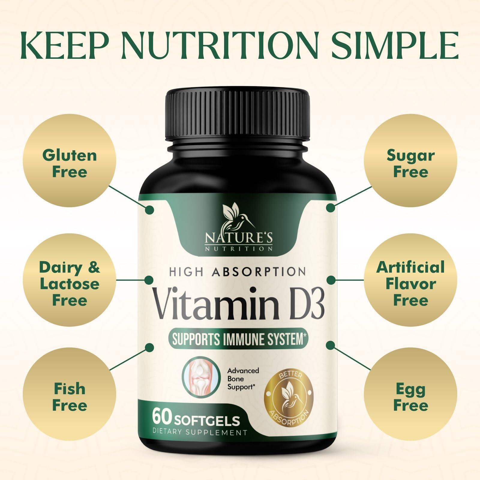 Nature's Nutrition Vitamin D3 Supplement 5000iu (125 mcg) - High Potency Vitamin D Dietary Supplement for Bone, Teeth, Muscle and Immune Health Support - Rapid Absorption D3 Softgel, Non-GMO, Gluten Free - 60 Softgels