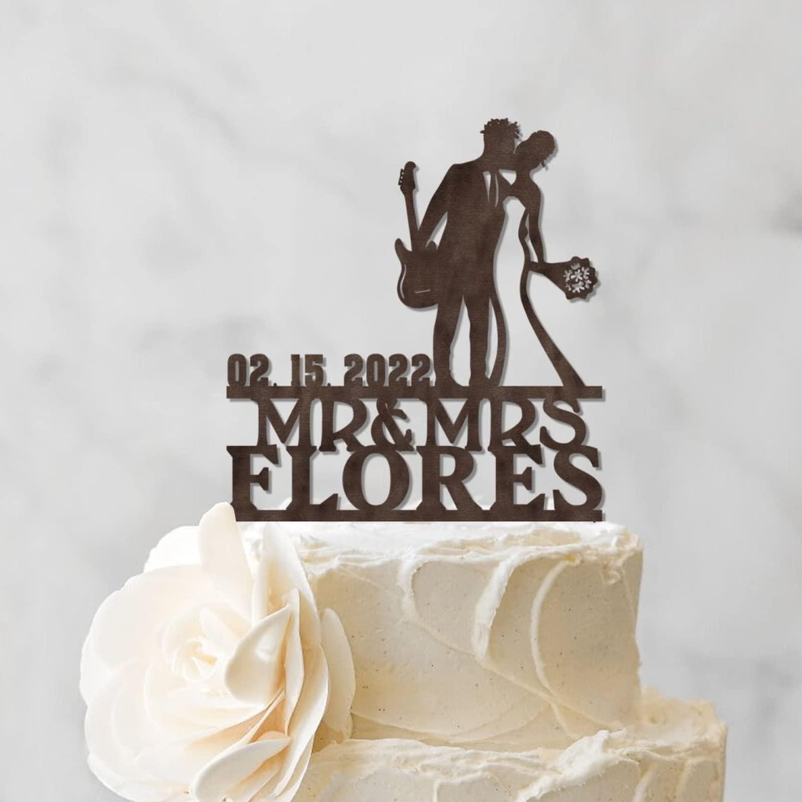 YJHLBHDIAN Mr and Mrs Cake Topper for Wedding Married Anniversary Cake Topper African American Couple Silhouette Musician Wedding Cake Topper Personalized Couple Last Name Cake Topper Wood Cake Toppers