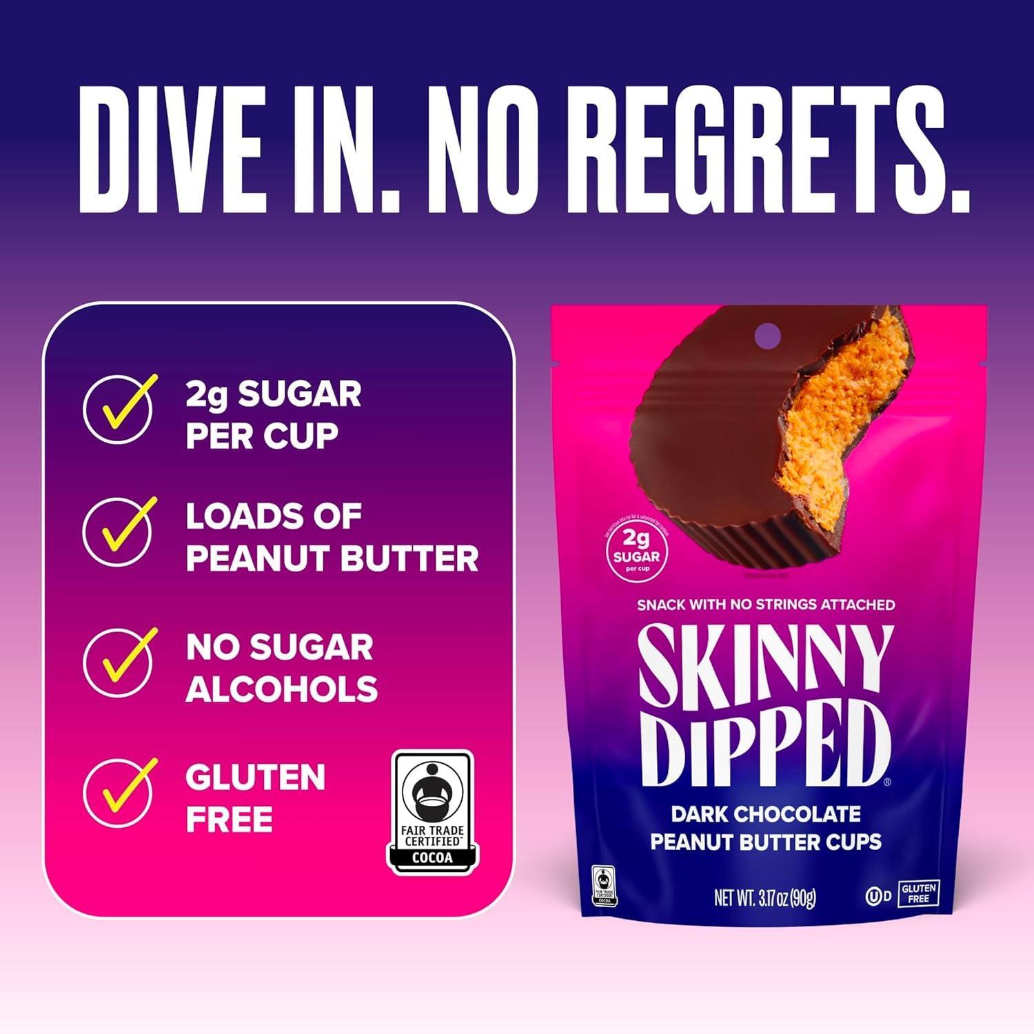 SKINNYDIPPED SkinnyDipped Dark Chocolate Peanut Butter Cups, 2g Sugar per Cup, Keto Friendly, No Stevia, Gluten Free, 3.2oz, 1 Pack (6 Cups Total)