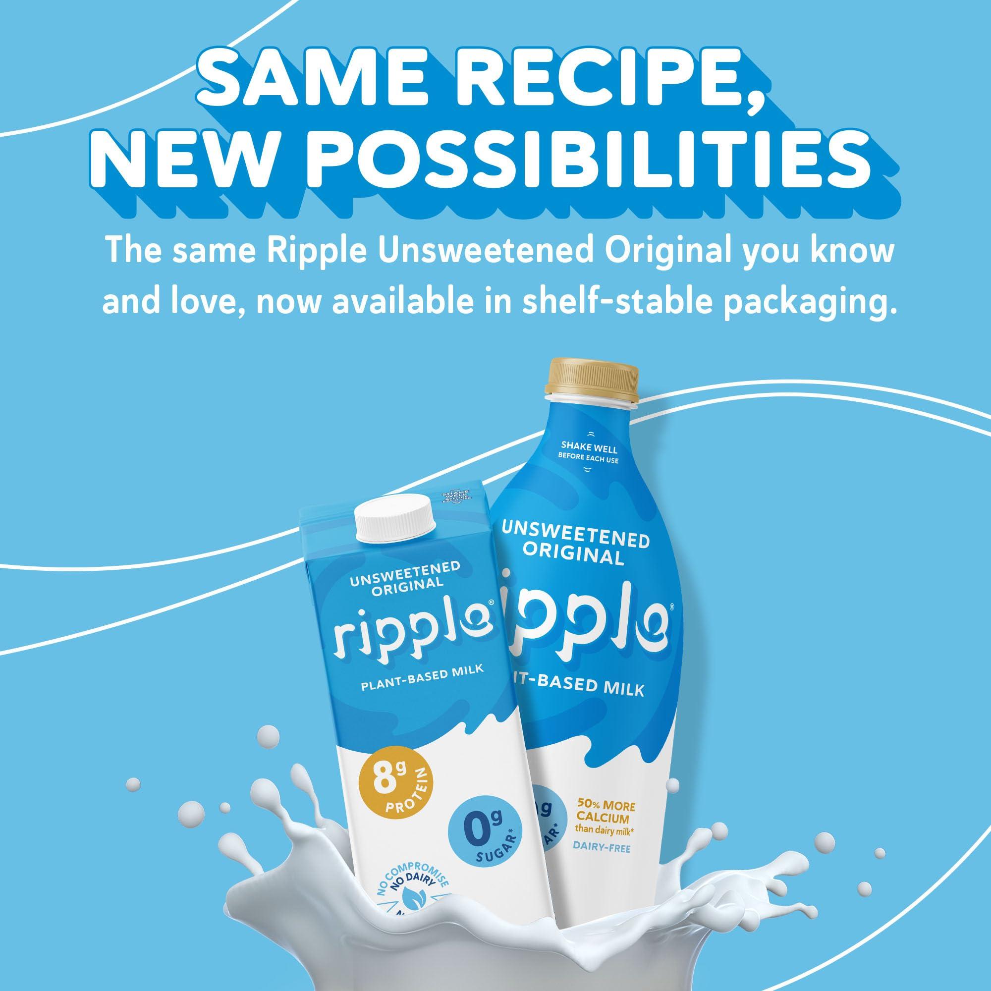 Ripple Ripple Unsweetened Original Plant Based Milk | 8g of Quality Sourced Pea Protein, Calcium Rich | Shelf Stable | Vegan, Non GMO | Dairy, Soy, Nut, & Gluten Free | 32 Fl Oz Cartons (Pack of 6)
